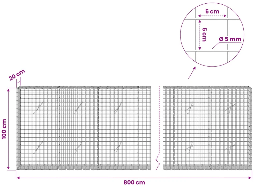 Gabionas su 5 mm viela ir 5x5 cm tinkleliu 800x20x100 cm