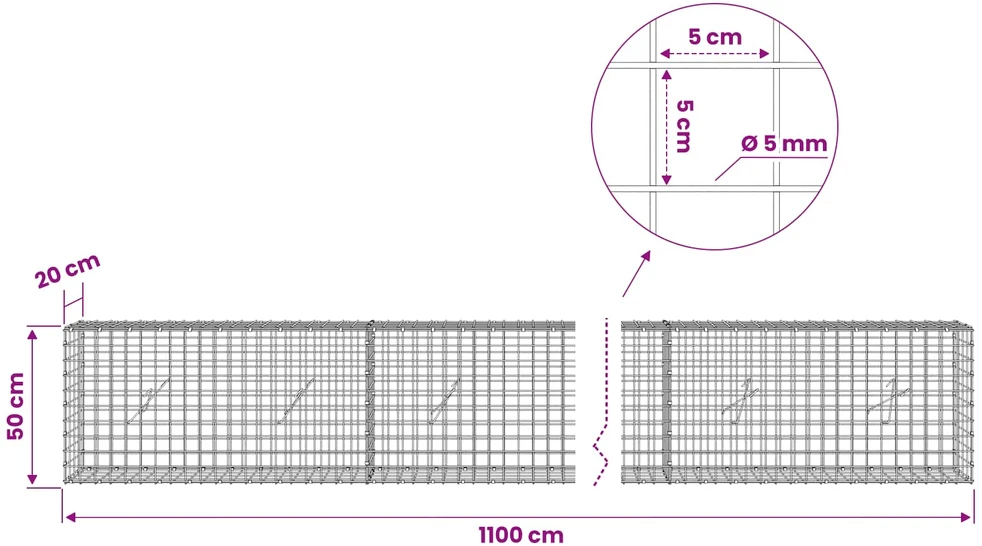Gabionas su 5 mm viela ir 5x5 cm tinkleliu 1100x20x50 cm