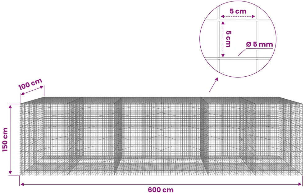 Gabionas su 5 mm viela ir 5x5 cm tinkleliu 600x100x150 cm
