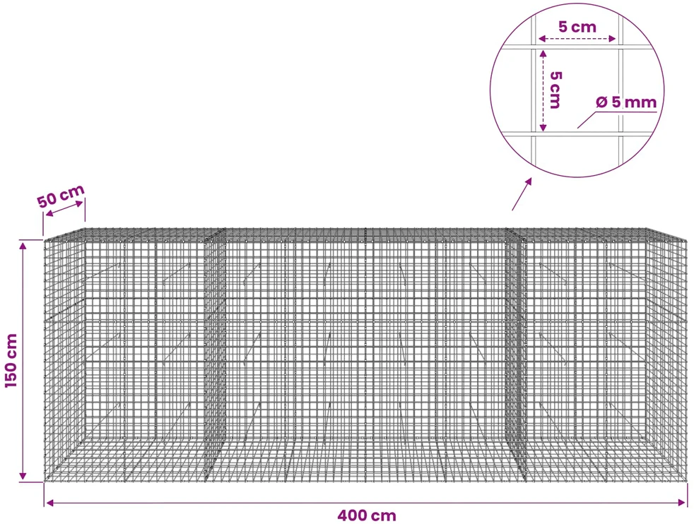 Gabionas su 5 mm viela ir 5x5 cm tinkleliu 400x50x150 cm
