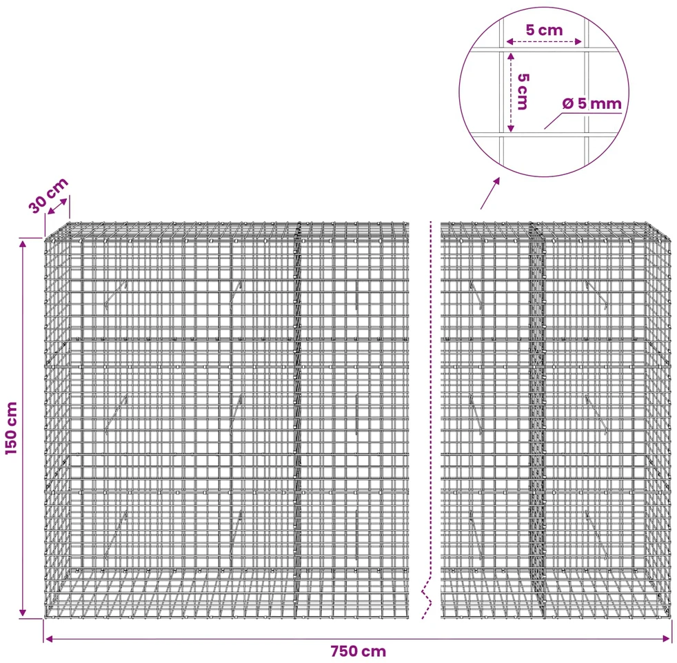 Gabionas su 5 mm viela ir 5x5 cm tinkleliu 750x30x150 cm