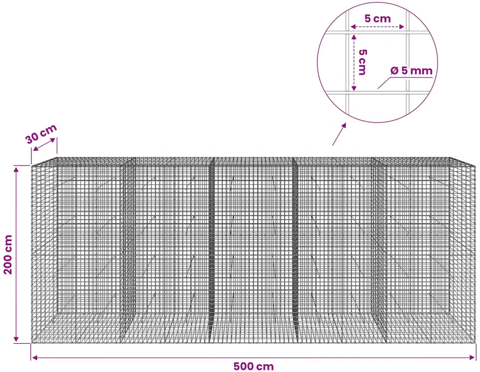 Gabionas su 5 mm viela ir 5x5 cm tinkleliu 500x30x200 cm