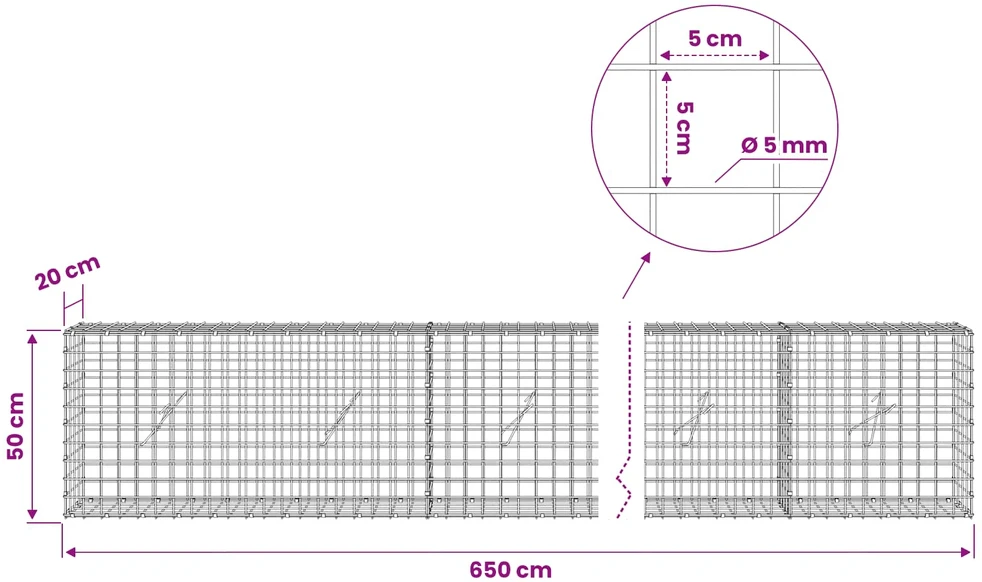 Gabionas su 5 mm viela ir 5x5 cm tinkleliu 650x20x50 cm