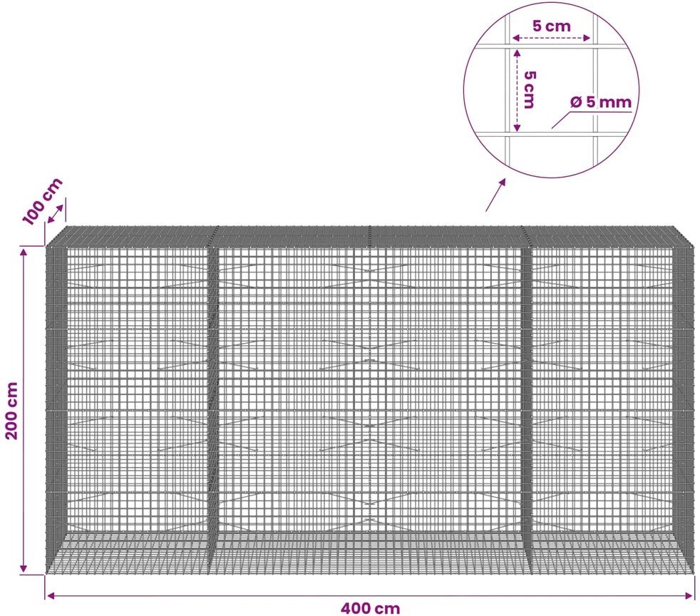 Gabionas su 5 mm viela ir 5x5 cm tinkleliu 400x100x200 cm