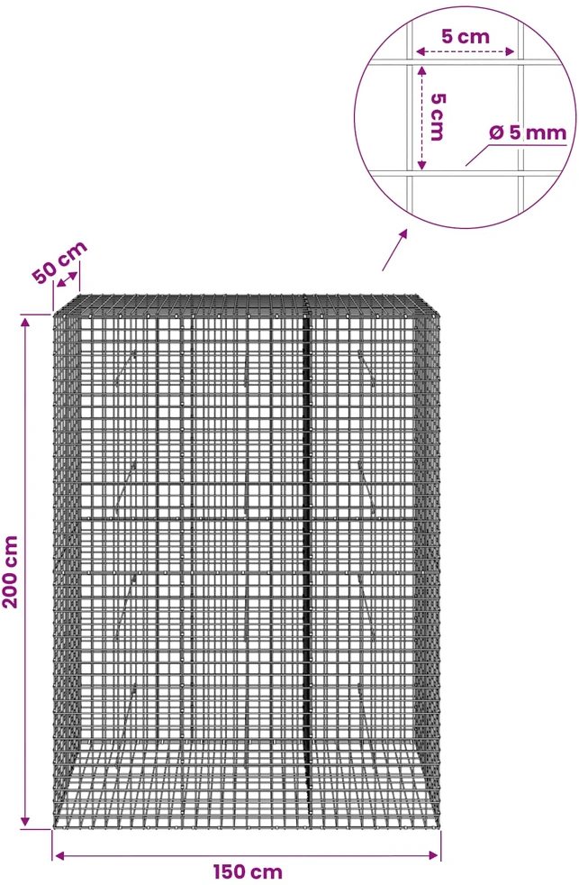 Gabionas su 5 mm viela ir 5x5 cm tinkleliu 150x50x200 cm