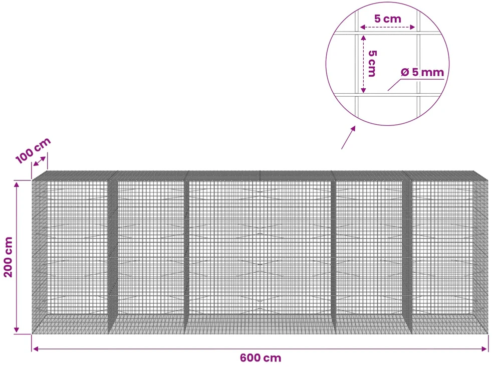 Gabionas su 5 mm viela ir 5x5 cm tinkleliu 600x100x200 cm