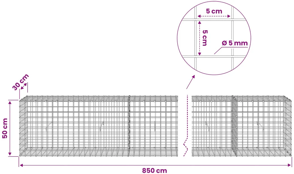 Gabionas su 5 mm viela ir 5x5 cm tinkleliu 850x30x50 cm