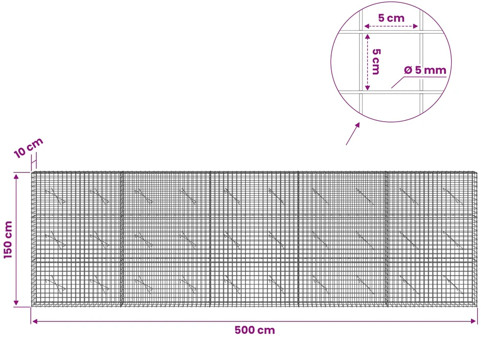Gabionas su 5 mm viela ir 5x5 cm tinkleliu 500x10x150 cm