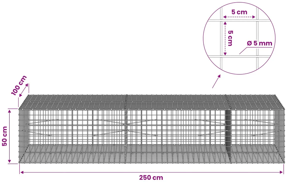 Gabionas su 5 mm viela ir 5x5 cm tinkleliu 250x100x50 cm