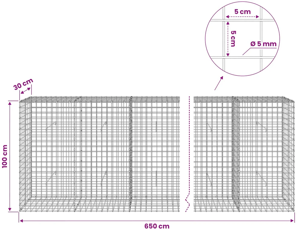 Gabionas su 5 mm viela ir 5x5 cm tinkleliu 650x30x100 cm