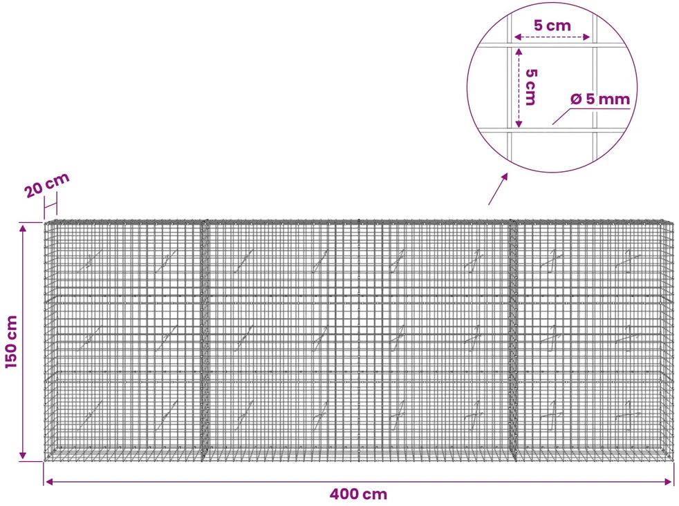 Gabionas su 5 mm viela ir 5x5 cm tinkleliu 400x20x150 cm