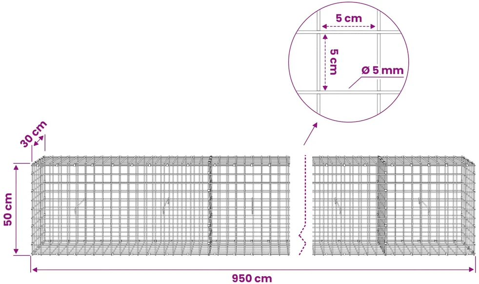 Gabionas su 5 mm viela ir 5x5 cm tinkleliu 950x30x50 cm
