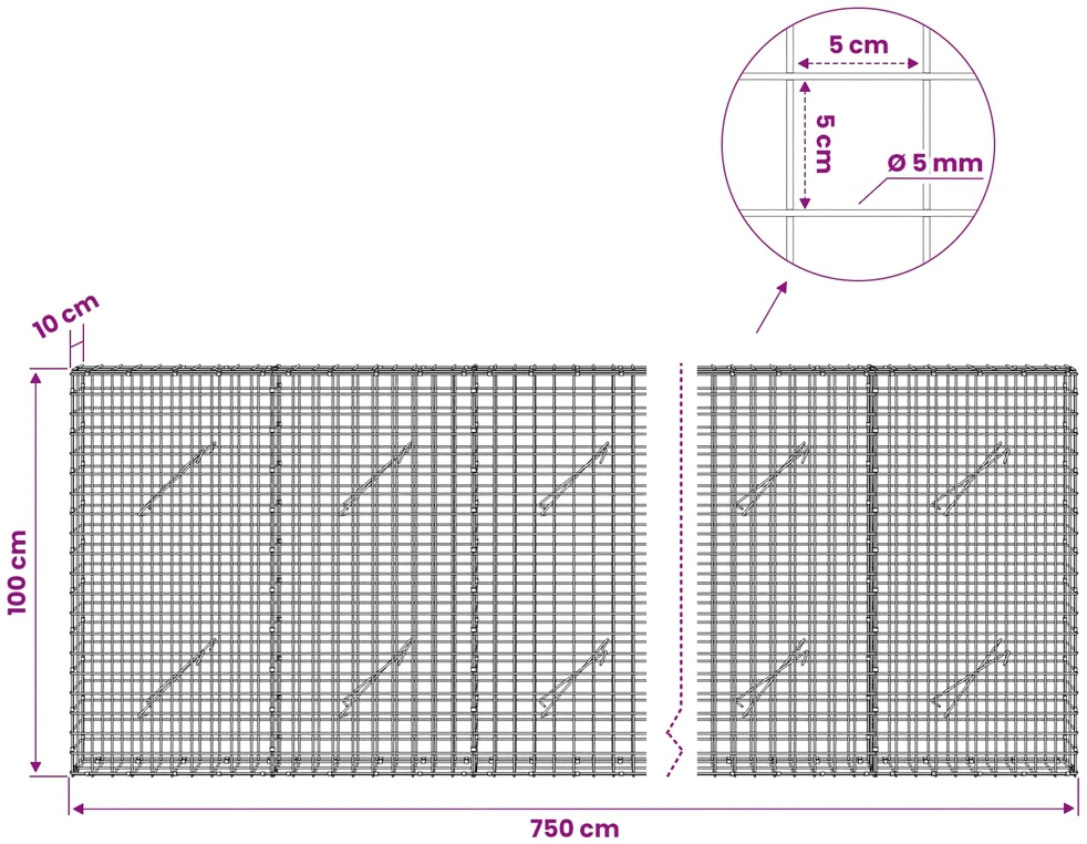 Gabionas su 5 mm viela ir 5x5 cm tinkleliu 750x10x100 cm