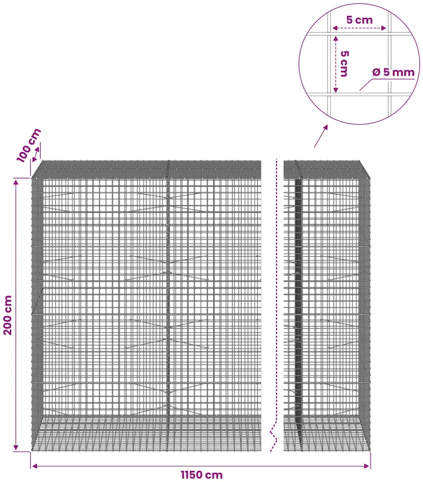 Gabionas su 5 mm viela ir 5x5 cm tinkleliu 1150x100x200 cm