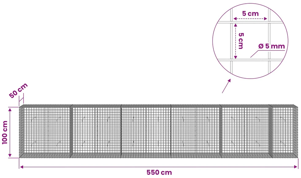 Gabionas su 5 mm viela ir 5x5 cm tinkleliu 550x50x100 cm