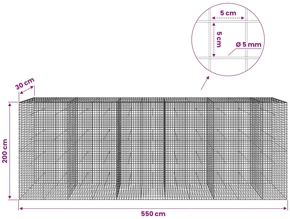 Gabionas su 5 mm viela ir 5x5 cm tinkleliu 550x30x200 cm