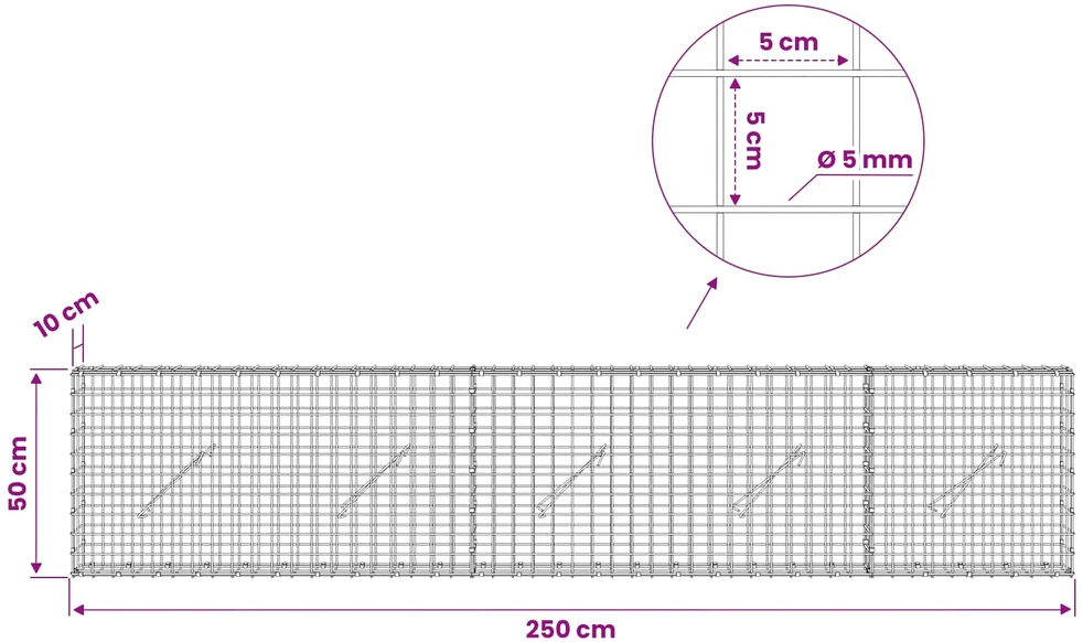 Gabionas su 5 mm viela ir 5x5 cm tinkleliu 250x10x50 cm