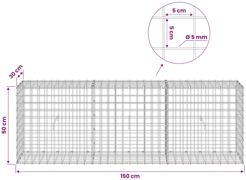 Gabionas su 5 mm viela ir 5x5 cm tinkleliu 150x30x50 cm