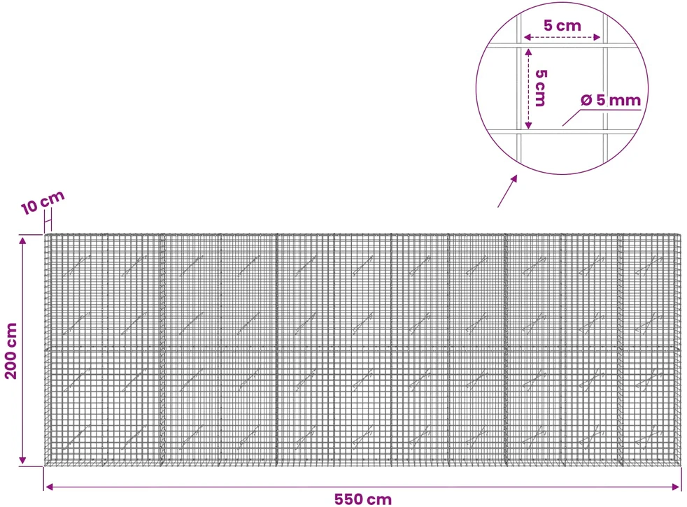 Gabionas su 5 mm viela ir 5x5 cm tinkleliu 550x10x200 cm