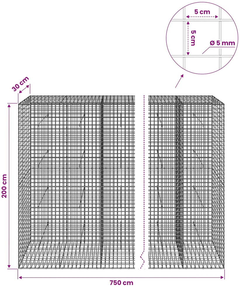 Gabionas su 5 mm viela ir 5x5 cm tinkleliu 750x30x200 cm