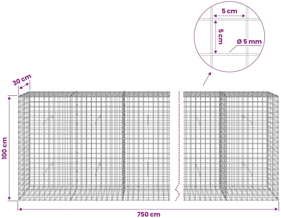 Gabionas su 5 mm viela ir 5x5 cm tinkleliu 750x30x100 cm