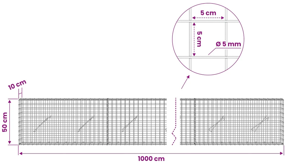 Gabionas su 5 mm viela ir 5x5 cm tinkleliu 1000x10x50 cm