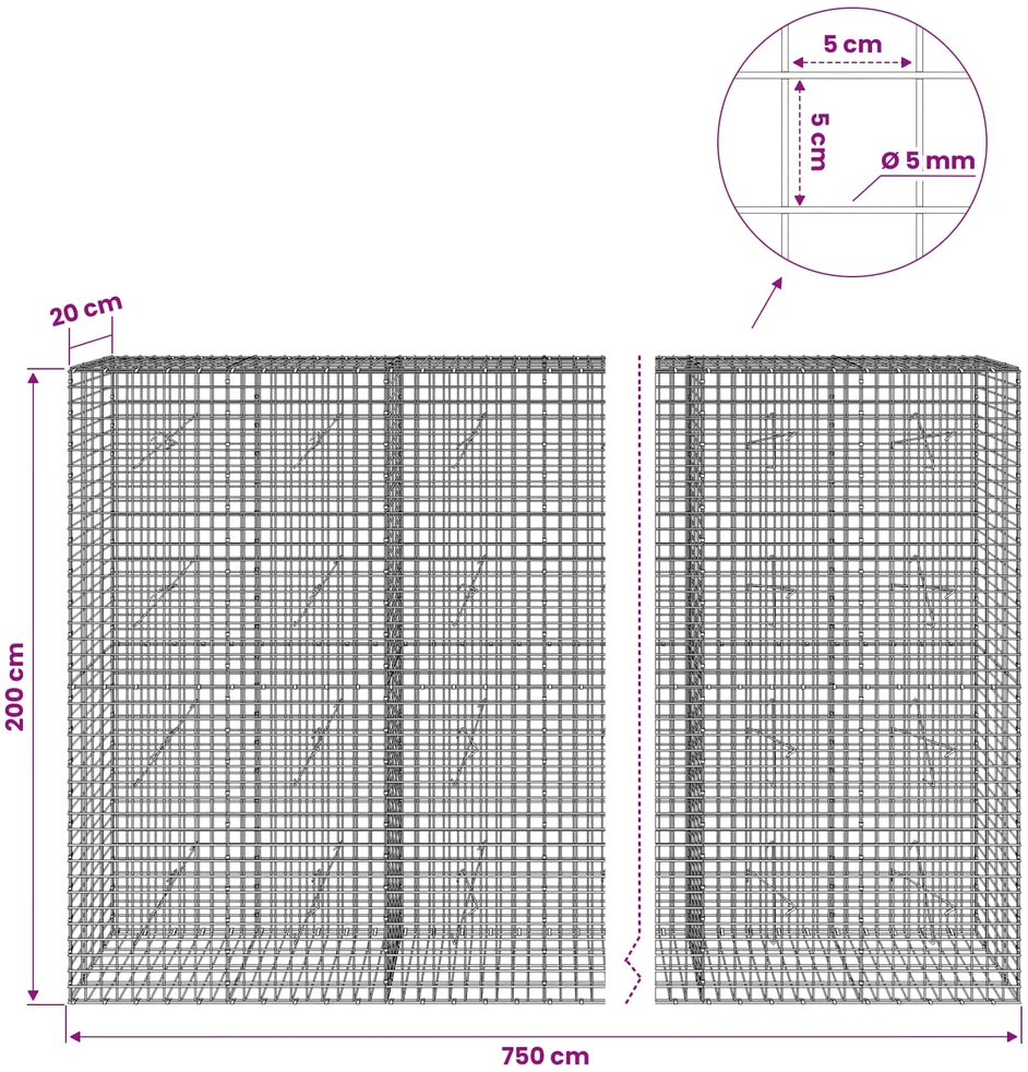 Gabionas su 5 mm viela ir 5x5 cm tinkleliu 750x20x200 cm