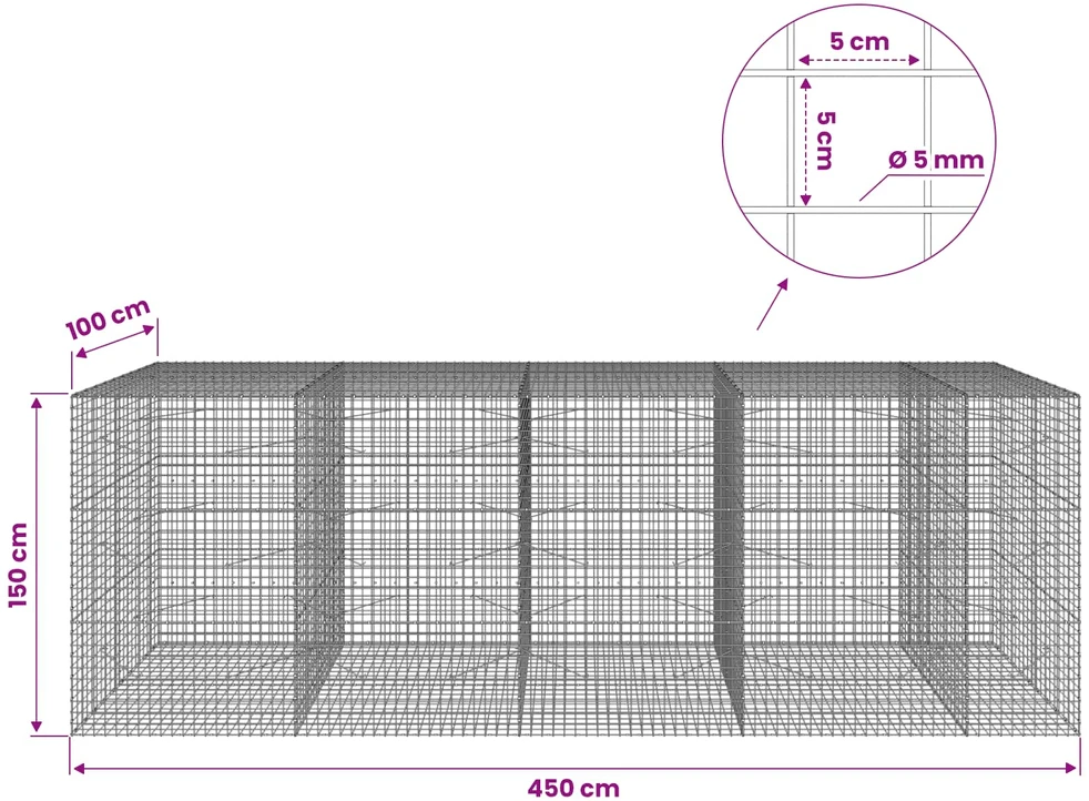Gabionas su 5 mm viela ir 5x5 cm tinkleliu 450x100x150 cm