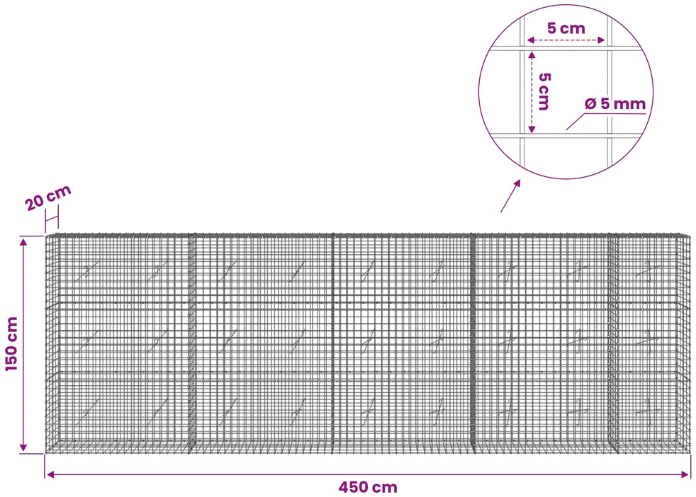Gabionas su 5 mm viela ir 5x5 cm tinkleliu 450x20x150 cm
