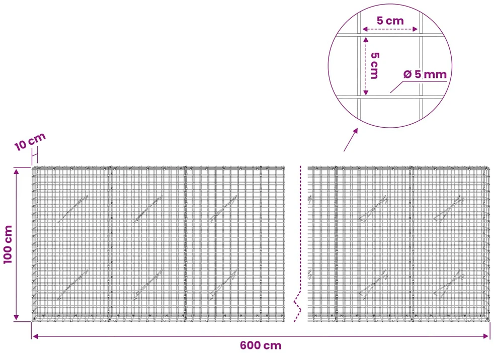 Gabionas su 5 mm viela ir 5x5 cm tinkleliu 600x10x100 cm