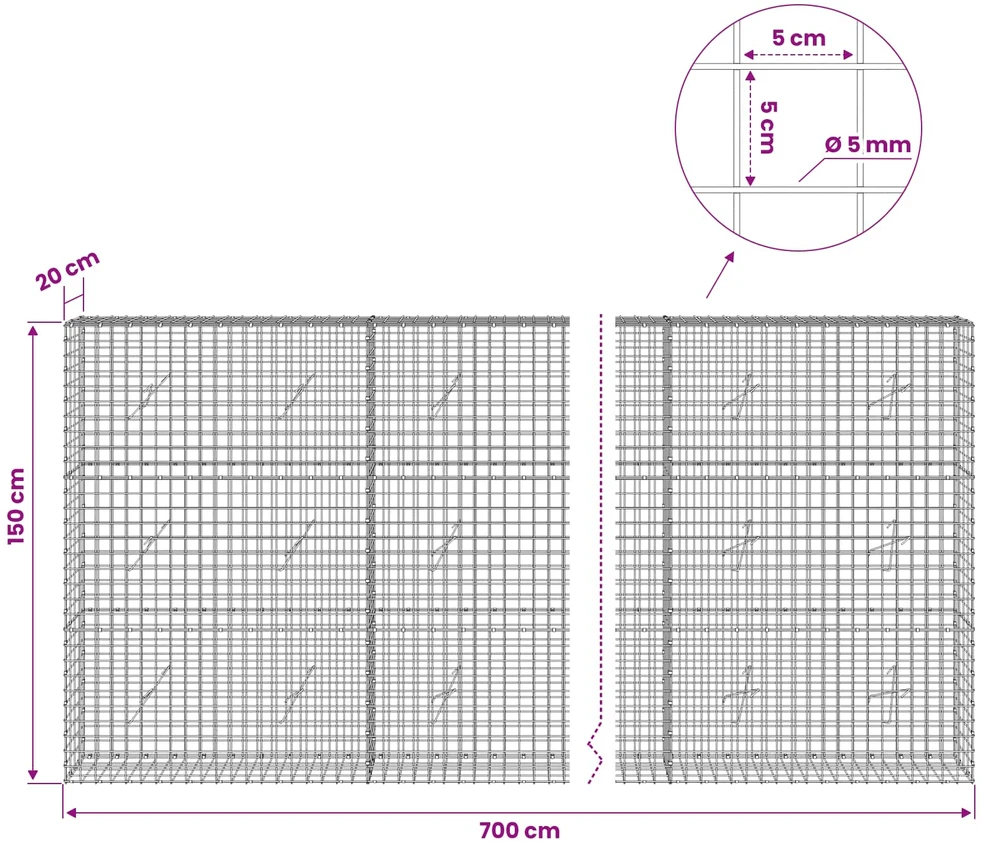 Gabionas su 5 mm viela ir 5x5 cm tinkleliu 700x20x150 cm