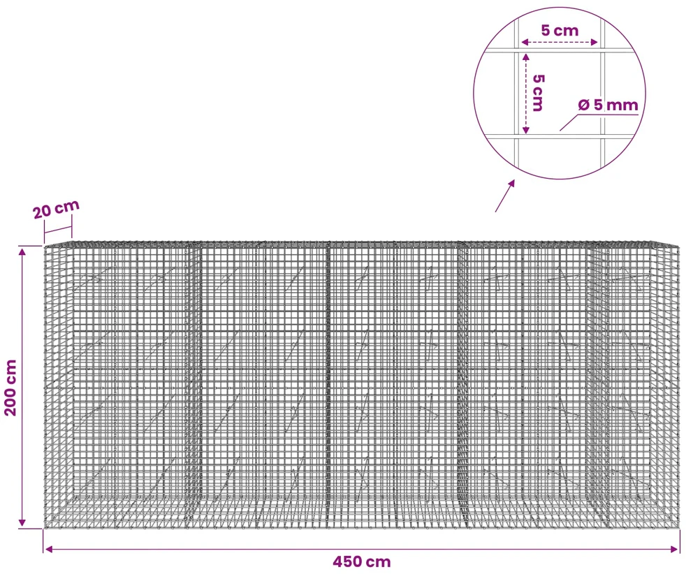 Gabionas su 5 mm viela ir 5x5 cm tinkleliu 450x20x200 cm