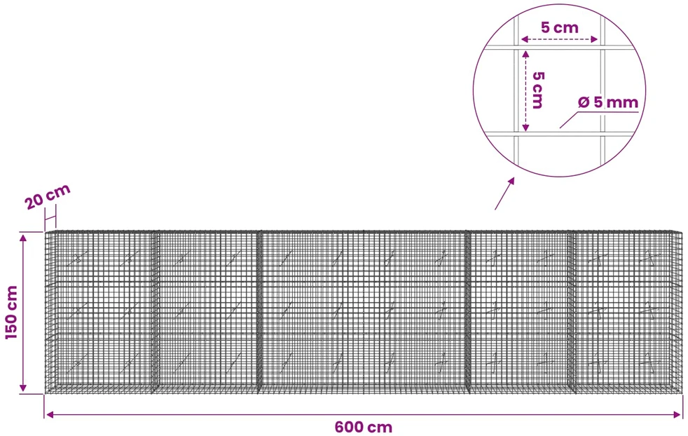 Gabionas su 5 mm viela ir 5x5 cm tinkleliu 600x20x150 cm