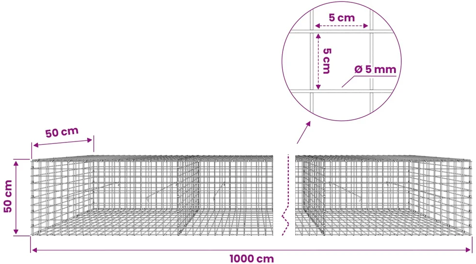 Gabionas su 5 mm viela ir 5x5 cm tinkleliu 1000x50x50 cm