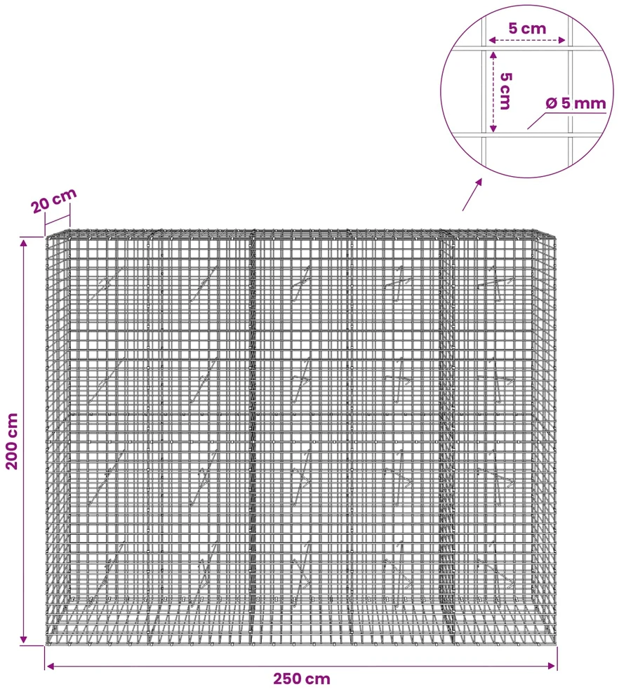 Gabionas su 5 mm viela ir 5x5 cm tinkleliu 250x20x200 cm