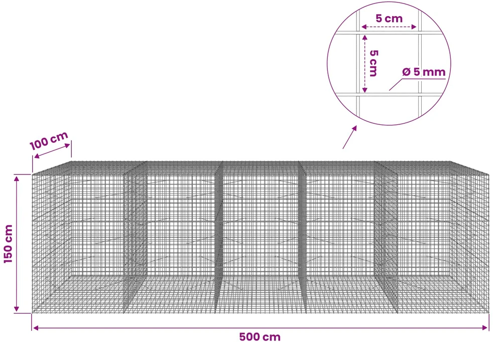 Gabionas su 5 mm viela ir 5x5 cm tinkleliu 500x100x150 cm