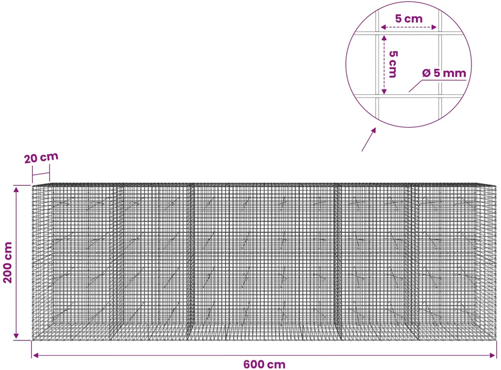 Gabionas su 5 mm viela ir 5x5 cm tinkleliu 600x20x200 cm
