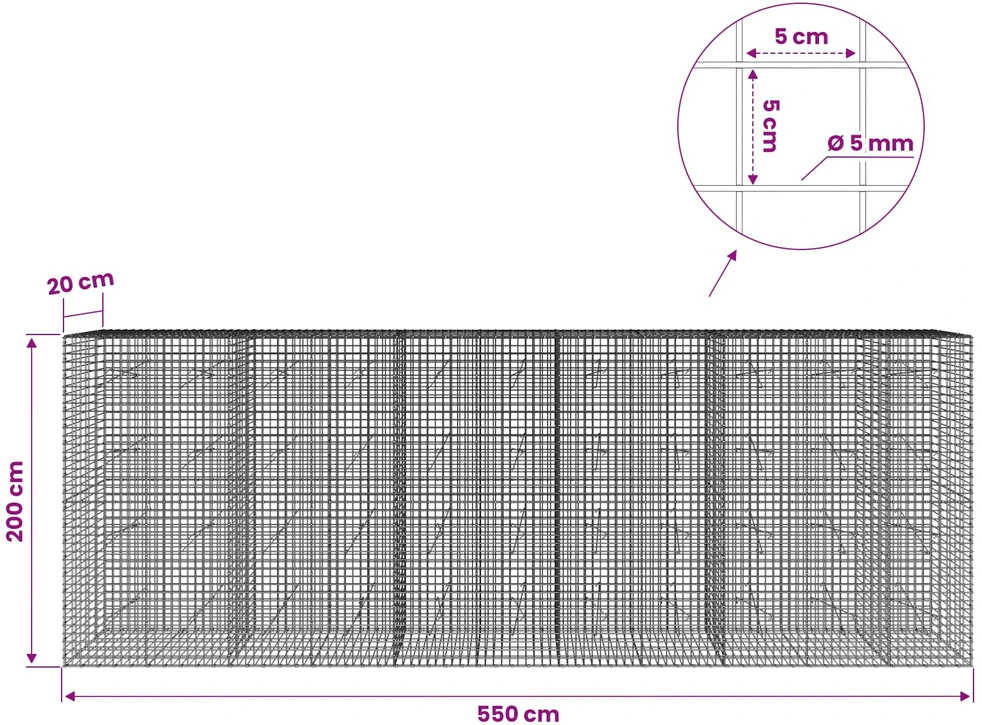Gabionas su 5 mm viela ir 5x5 cm tinkleliu 550x20x200 cm