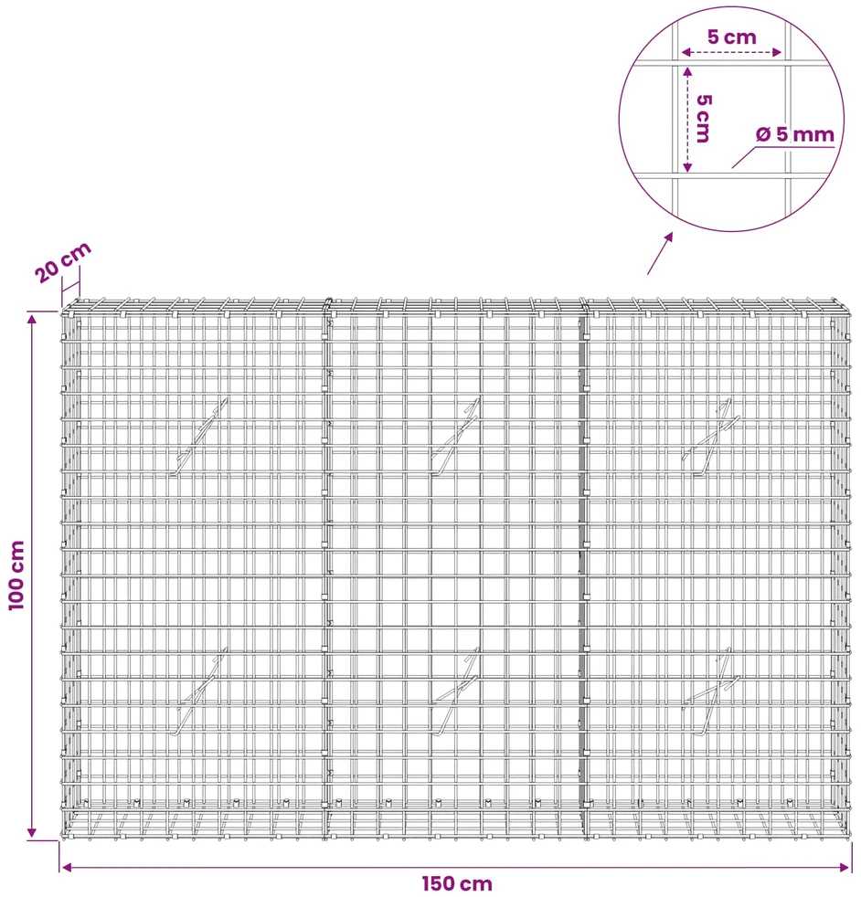 Gabionas su 5 mm viela ir 5x5 cm tinkleliu 150x20x100 cm