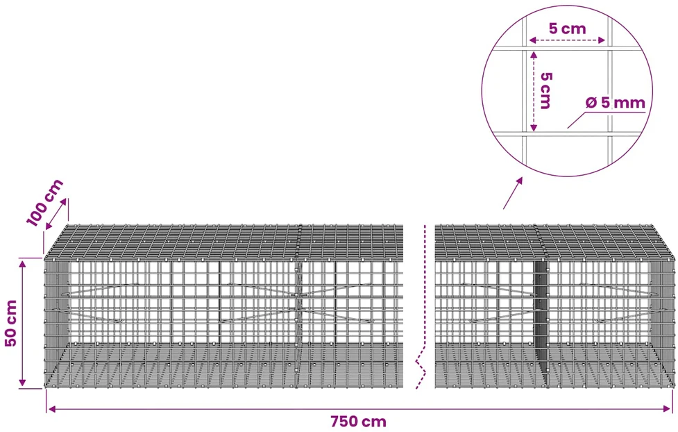 Gabionas su 5 mm viela ir 5x5 cm tinkleliu 750x100x50 cm