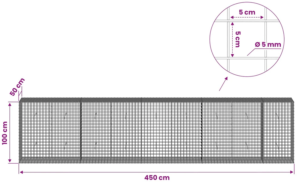 Gabionas su 5 mm viela ir 5x5 cm tinkleliu 450x50x100 cm