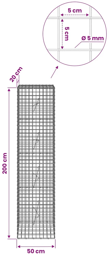 Gabionas su 5 mm viela ir 5x5 cm tinkleliu 50x20x200 cm