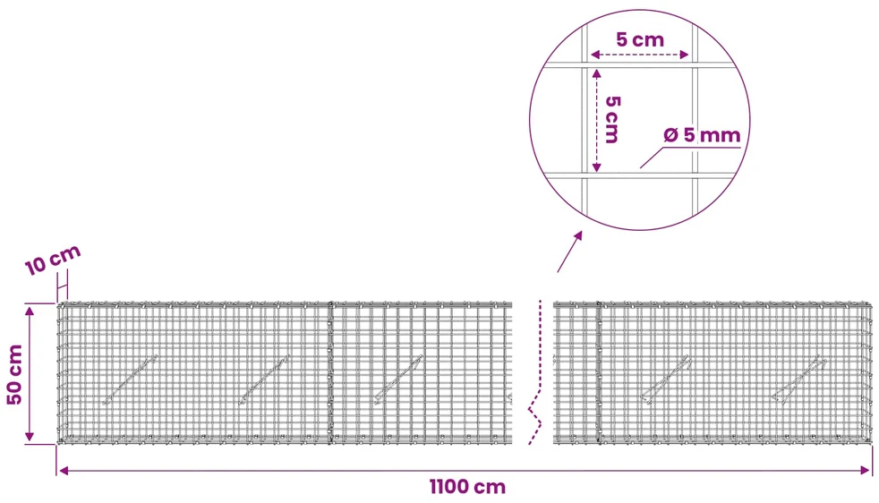 Gabionas su 5 mm viela ir 5x5 cm tinkleliu 1100x10x50 cm