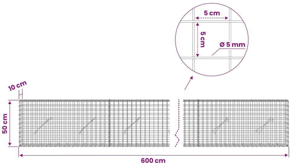 Gabionas su 5 mm viela ir 5x5 cm tinkleliu 600x10x50 cm