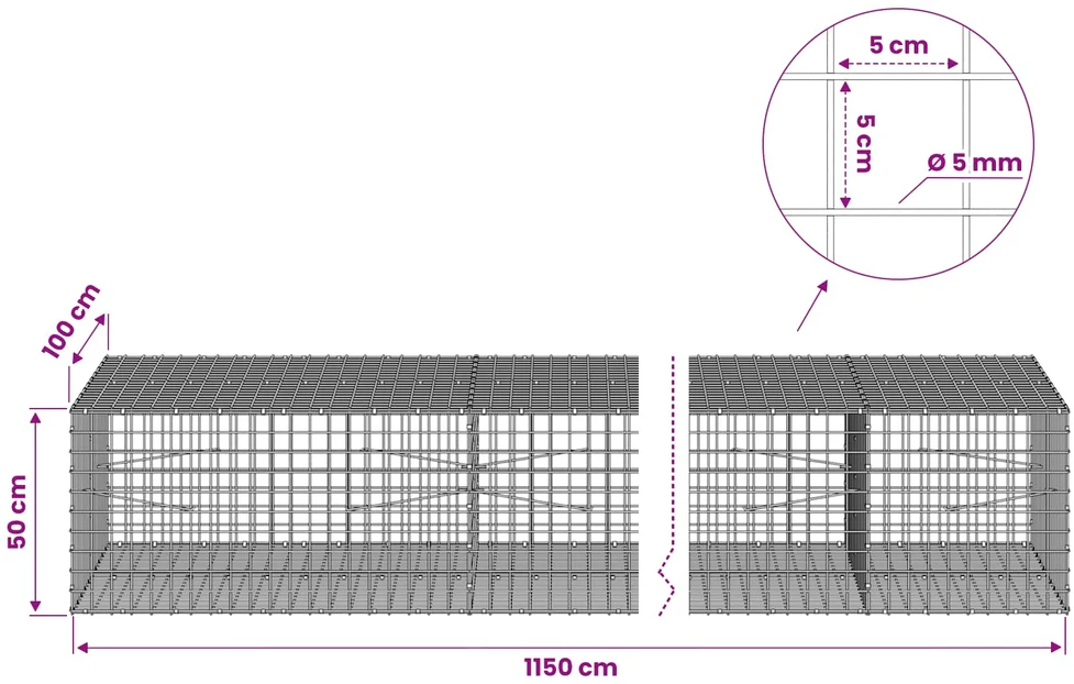 Gabionas su 5 mm viela ir 5x5 cm tinkleliu 1150x100x50 cm