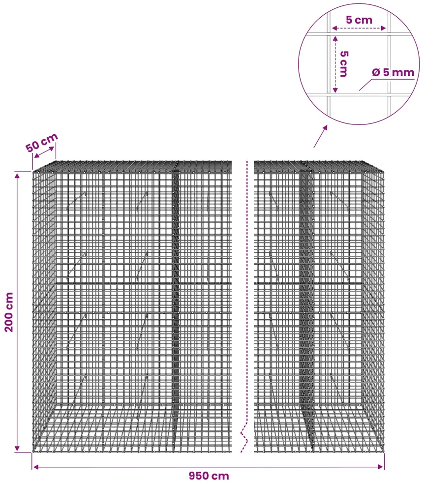 Gabionas su 5 mm viela ir 5x5 cm tinkleliu 950x50x200 cm