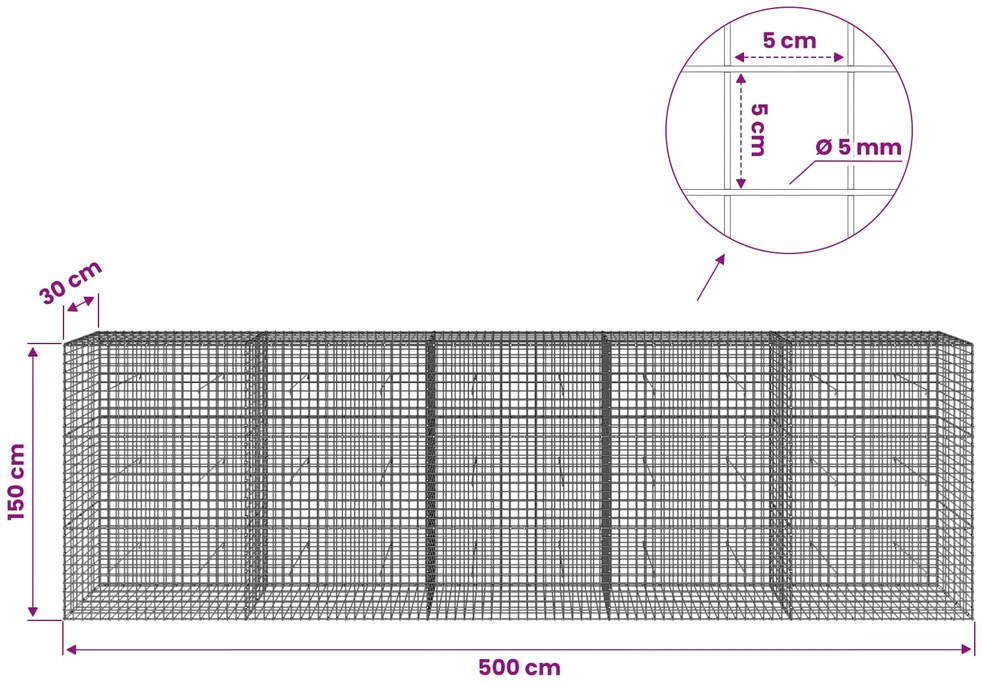 Gabionas su 5 mm viela ir 5x5 cm tinkleliu 500x30x150 cm