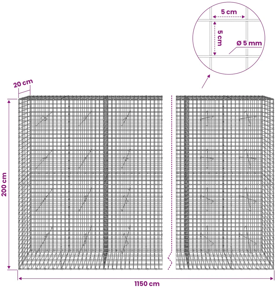 Gabionas su 5 mm viela ir 5x5 cm tinkleliu 1150x20x200 cm