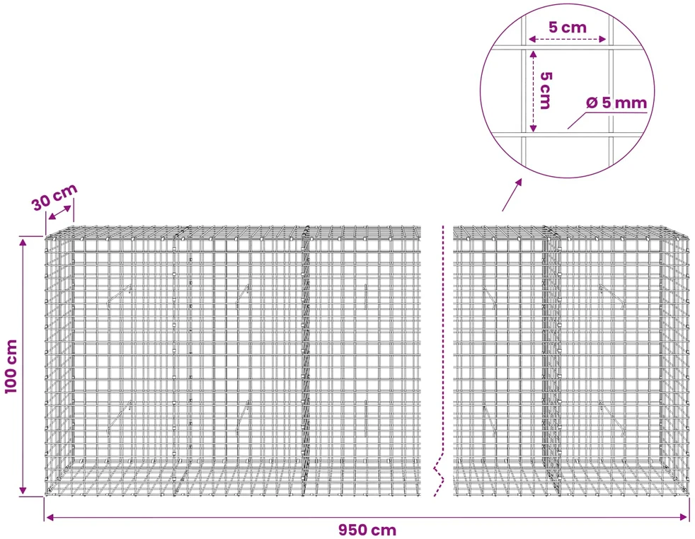 Gabionas su 5 mm viela ir 5x5 cm tinkleliu 950x30x100 cm
