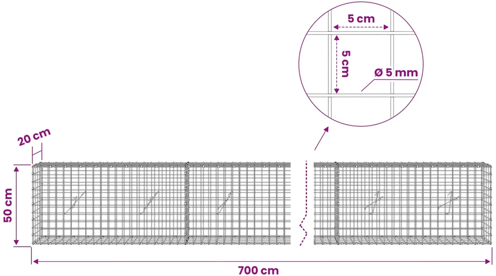 Gabionas su 5 mm viela ir 5x5 cm tinkleliu 700x20x50 cm